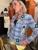 Colorful Plaid Blue Safety Pin "We are all Crazy"