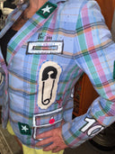 Colorful Plaid Blue Safety Pin "We are all Crazy"