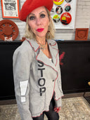 STOP Jacket: Pale Grey with Red Zig-Zag Stitching