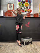Black Denim Floral with Patch Knees