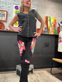 Black Denim Floral with Patch Knees