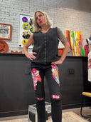 Black Denim Floral with Patch Knees