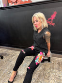 Black Denim Floral with Patch Knees