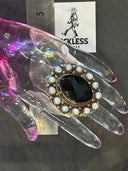 Large Black Faceted Stone with Pearl Surround Adjustable Ring