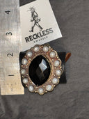 Large Black Faceted Stone with Pearl Surround Adjustable Ring