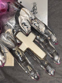 Large White Silvertone Cross Adjustable Ring