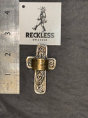 Large White Silvertone Cross Adjustable Ring