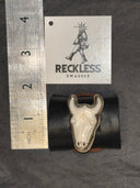 Large White Silvertone Animal Skull Horns Adjustable Ring