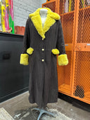 Dick Tracy-esque Pinstripe Long Coat with Large Butter Yellow Faux Fur Collar, Cuff & Accents