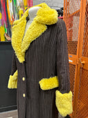 Dick Tracy-esque Pinstripe Long Coat with Large Butter Yellow Faux Fur Collar, Cuff & Accents