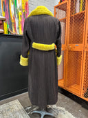 Dick Tracy-esque Pinstripe Long Coat with Large Butter Yellow Faux Fur Collar, Cuff & Accents