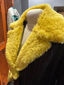 Dick Tracy-esque Pinstripe Long Coat with Large Butter Yellow Faux Fur Collar, Cuff & Accents
