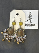 Earrings-Large olive-green tear drops in bronze with gold dangles