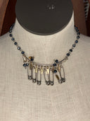 Choker &amp; earrings-blue faceted stones with safety pins on curved bar