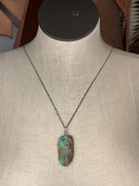 Necklace-Wire wrapped Amazonite pendant on long silver chain