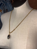 Necklace-Black Rutilated Quartz in Gold Leaf on long gold Rolo chain