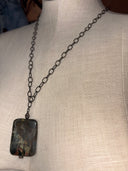 Necklace-Large Rectangular Matte Jasper pendant on long gunmetal chain