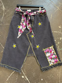 Painted Stars & Floral Slash Midi Jean Skirt