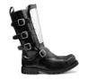 Platform 4-Buckle Combat Black Leather Boot Metal Shin Guard