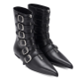 Grain Leather Black Winklepicker Boot 6-buckle with low heel