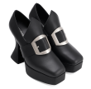 Goth Wiccan Buckle Platform Square Black Leather Shoe Heel