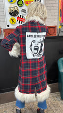 Amyl & The Sniffers Red Navy Tartan Coat with Faux Mongolian Fur Collar + Cuffs | One of a Kind - Reckless Swagger