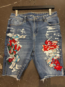 Bermuda Flowers Silver Paint Denim Shorts - Festival Ready - Reckless Swagger