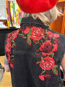 Black Denim Jean Vest with Deep Rose Appliqué - Upcycled Alternative Fashion - Reckless Swagger