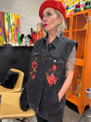 Black Denim Jean Vest with Deep Rose Appliqué - Upcycled Alternative Fashion - Reckless Swagger