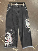 Black Denim Pleated Trousers w/Silver Skulls - Reckless Swagger