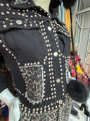 Black Leopard Studded Denim Set - Punk Rock Shorts & Jacket Two - Piece Suit - Reckless Swagger