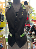 Black Punk Waistcoat with Green & White Stripe Detail - Tailored Upcycled Vest - Reckless Swagger