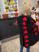 Black Wool Car Coat with Red Clubs - Unique Statement Outerwear - Reckless Swagger