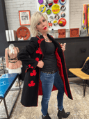 Black Wool Car Coat with Red Clubs - Unique Statement Outerwear - Reckless Swagger