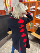 Black Wool Car Coat with Red Clubs - Unique Statement Outerwear - Reckless Swagger