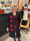 Black Wool Car Coat with Red Clubs - Unique Statement Outerwear - Reckless Swagger