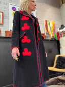 Black Wool Car Coat with Red Clubs - Unique Statement Outerwear - Reckless Swagger