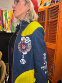 Blue Denim Steampunk Coat - Mustard Accents Cuffs & Belts Industrial Details - Reckless Swagger