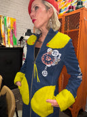 Blue Denim Steampunk Coat - Mustard Accents Cuffs & Belts Industrial Details - Reckless Swagger