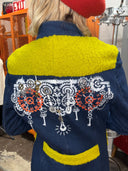Blue Denim Steampunk Coat - Mustard Accents Cuffs & Belts Industrial Details - Reckless Swagger