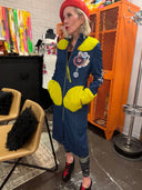 Blue Denim Steampunk Coat - Mustard Accents Cuffs & Belts Industrial Details - Reckless Swagger