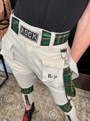 Bondage Trousers with Green Tartan Belt + Knee Panels, Suspenders & Ankle Zips - Reckless Swagger