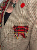 British Tan Punk Rock Jacket - Red Tartan Lapel, Pockets, Patches & Safety Pins - Reckless Swagger