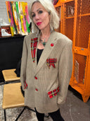 British Tan Punk Rock Jacket - Red Tartan Lapel, Pockets, Patches & Safety Pins - Reckless Swagger