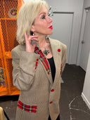British Tan Punk Rock Jacket - Red Tartan Lapel, Pockets, Patches & Safety Pins - Reckless Swagger