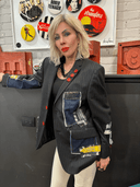 Classic Pinstripe Wool Jacket - NYC Denim Patches & Red Button Details - Reckless Swagger