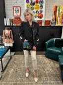 Classic Pinstripe Wool Jacket - NYC Denim Patches & Red Button Details - Reckless Swagger