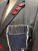 Classic Pinstripe Wool Jacket - NYC Denim Patches & Red Button Details - Reckless Swagger