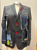 Classic Pinstripe Wool Jacket - NYC Denim Patches & Red Button Details - Reckless Swagger
