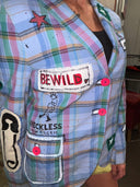 Colorful Plaid Blue Safety Pin Jacket - 'We Are All Crazy' Statement Piece - Reckless Swagger